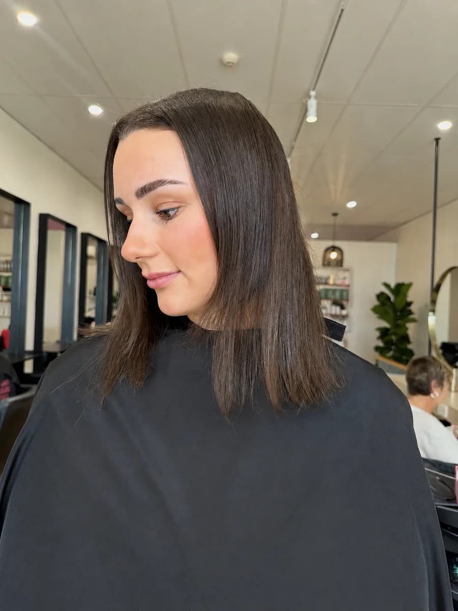 Glossy brunette lob colour and cut by By Willow, Mornington
